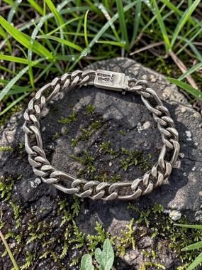 Vintage Sterling Silver Figaro Link Bracelet Rectangular Box Clasp Stamped Hallm